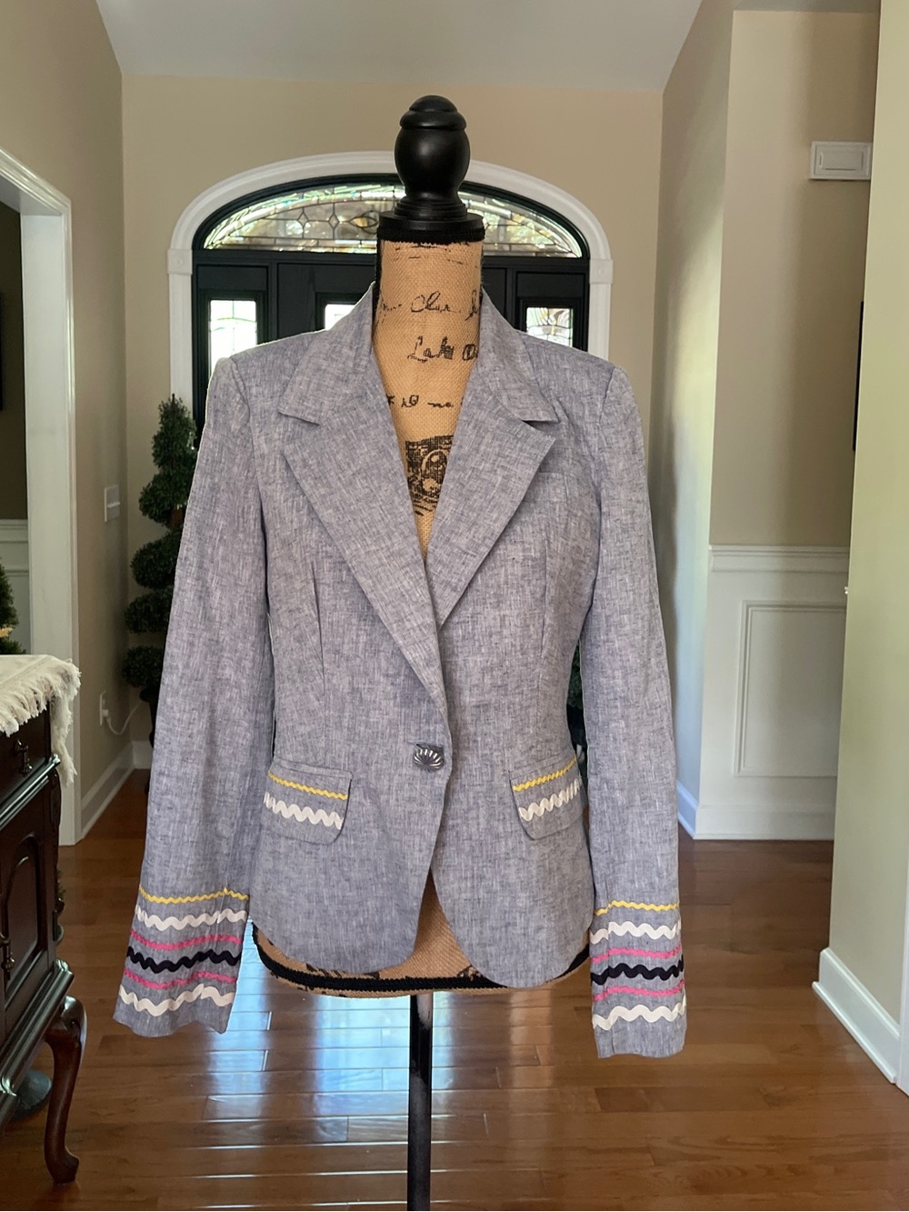 For Cynthia Brand Women's Heather Blue Blazer Suit Jacket with RicRac Trim M